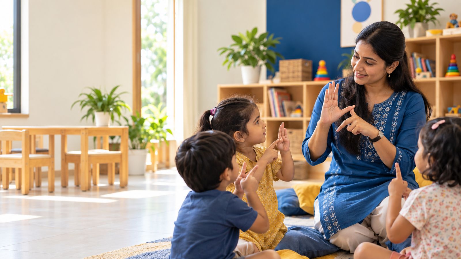 An educator signs with three young children sitting on the floor of a bright classroom.