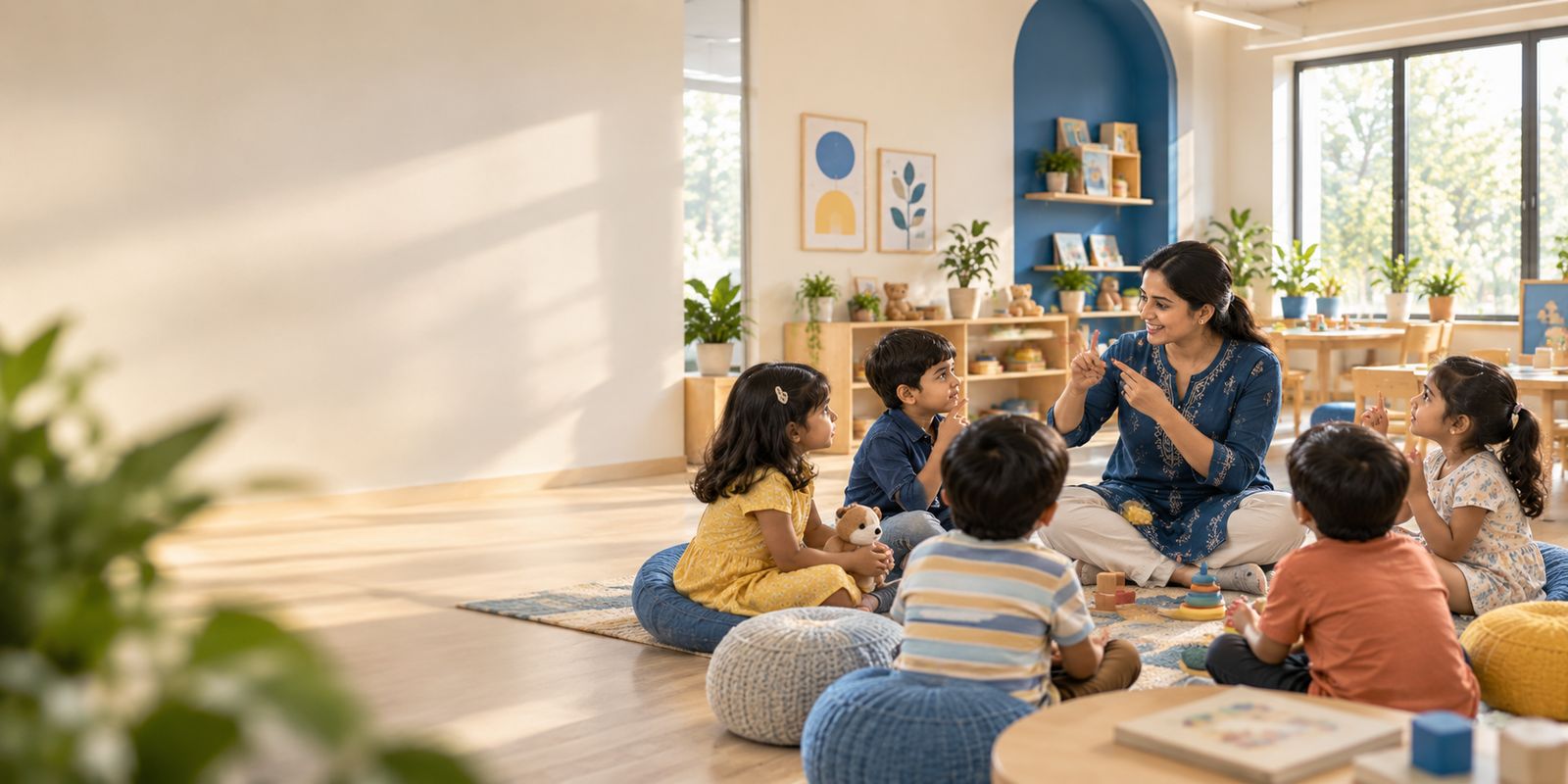 Children sit on cushions in a circle while their teacher signs a story.