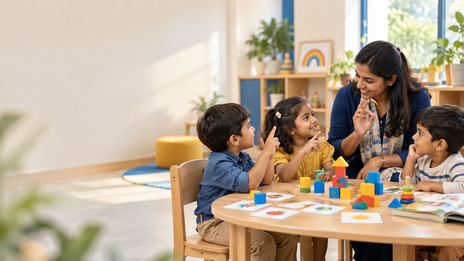 Three children at a round table copy a sign their teacher is showing them.